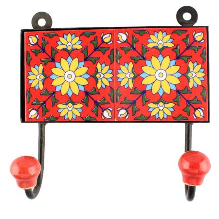 Red  Base Yellow Sunflower Ceramic Tile Hook